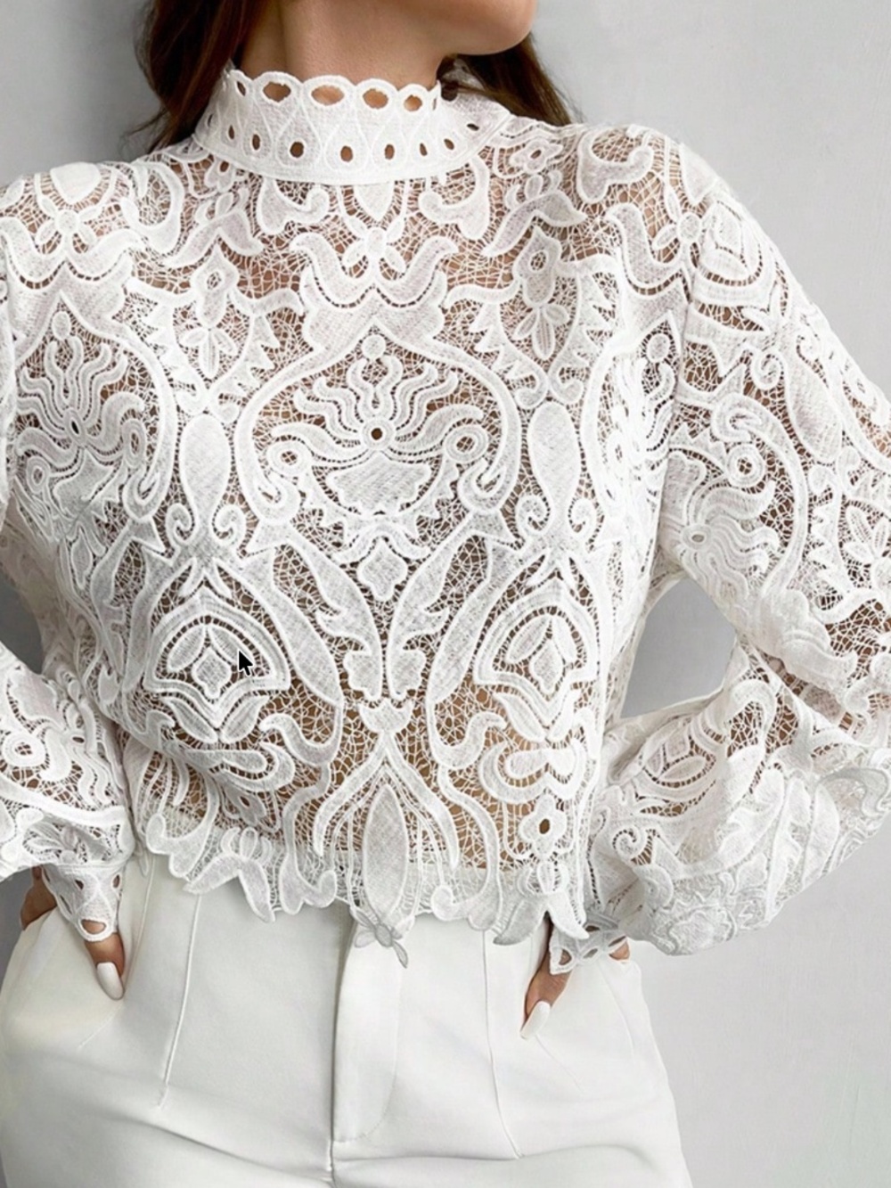 Plus Classic Mock Neck Semi Sheer Lace Long Sleeve Top